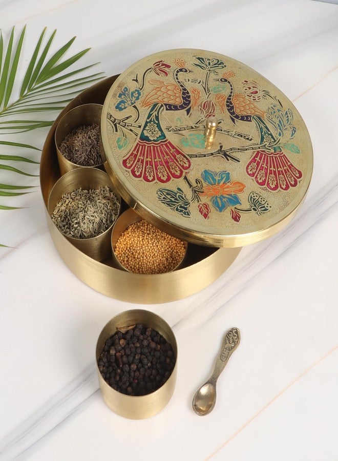 Two Moustaches 8 Inches Twin Peacock Carved Brass Spices Box Set, Brass Masala Box for Kitchen, Housewarming Gifts, 7 Containers & 1 Spoon, Multicolored, Pack of 1 - Image 3